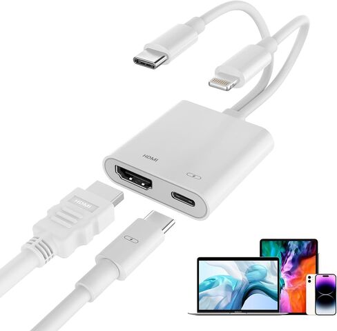 2 in 1 USB-C and Lightning to HDMI Adapter MFi Certified, 4K@60Hz iPhone to TV Adapter with 100W PD Fast Charging, Apple Lightning to Digital AV Adapter for iPhone 17-5 Series/iPad/MacBook in Kuwait