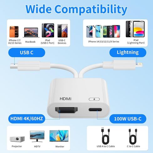 2 in 1 USB-C and Lightning to HDMI Adapter MFi Certified, 4K@60Hz iPhone to TV Adapter with 100W PD Fast Charging, Apple Lightning to Digital AV Adapter for iPhone 17-5 Series/iPad/MacBook in Kuwait