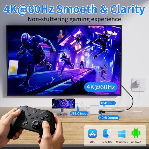 2 in 1 USB-C and Lightning to HDMI Adapter MFi Certified, 4K@60Hz iPhone to TV Adapter with 100W PD Fast Charging, Apple Lightning to Digital AV Adapter for iPhone 17-5 Series/iPad/MacBook in Kuwait