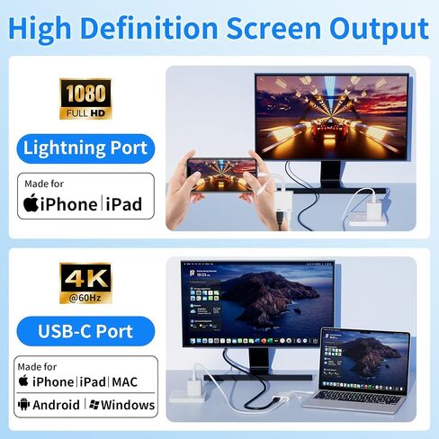 2 in 1 USB-C and Lightning to HDMI Adapter MFi Certified, 4K@60Hz iPhone to TV Adapter with 100W PD Fast Charging, Apple Lightning to Digital AV Adapter for iPhone 17-5 Series/iPad/MacBook in Kuwait