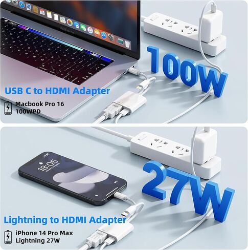 2 in 1 USB-C and Lightning to HDMI Adapter MFi Certified, 4K@60Hz iPhone to TV Adapter with 100W PD Fast Charging, Apple Lightning to Digital AV Adapter for iPhone 17-5 Series/iPad/MacBook in Kuwait