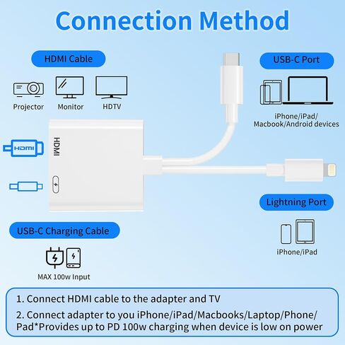 2 in 1 USB-C and Lightning to HDMI Adapter MFi Certified, 4K@60Hz iPhone to TV Adapter with 100W PD Fast Charging, Apple Lightning to Digital AV Adapter for iPhone 17-5 Series/iPad/MacBook in Kuwait