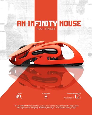 AM Infinity Gaming Wireless Mouse 49g Ultralight Metal Design, 30000 DPI PAW3950 Sensor, Dual 8K Polling, Hot-Swappable Battery, Tri-Mode 2.4G/Bluetooth/Wired RGB Gaming Mouse- Blaze Orange in Kuwait
