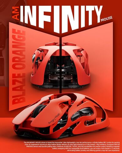 AM Infinity Gaming Wireless Mouse 49g Ultralight Metal Design, 30000 DPI PAW3950 Sensor, Dual 8K Polling, Hot-Swappable Battery, Tri-Mode 2.4G/Bluetooth/Wired RGB Gaming Mouse- Blaze Orange in Kuwait