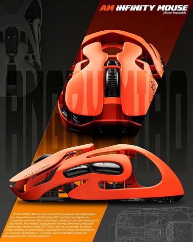 AM Infinity Gaming Wireless Mouse 49g Ultralight Metal Design, 30000 DPI PAW3950 Sensor, Dual 8K Polling, Hot-Swappable Battery, Tri-Mode 2.4G/Bluetooth/Wired RGB Gaming Mouse- Blaze Orange in Kuwait