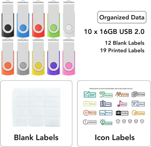 Professional 10-Pack of Enfain 16GB Multicolor USB 2.0 Flash Drive 10 Pack | Swivel Thumb Drives with 31 Labels | Gift-Ready Packaging for Corporate Events, Office & Team Distributions in Kuwait