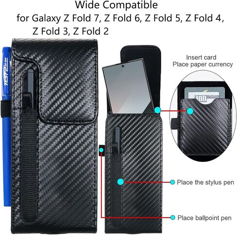 Holster Pouch for Galaxy Z Fold 8 Ultra/7/6/5/4/3 with S Pen Holder & Belt Clip & Card Holder, Luxury Carbon Fiber Leather Holster Case with Belt Loop&Metal Clip&Magnetic Closuer in Kuwait