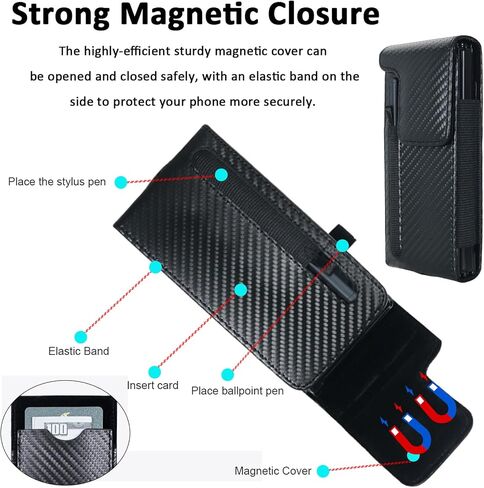 Holster Pouch for Galaxy Z Fold 8 Ultra/7/6/5/4/3 with S Pen Holder & Belt Clip & Card Holder, Luxury Carbon Fiber Leather Holster Case with Belt Loop&Metal Clip&Magnetic Closuer in Kuwait