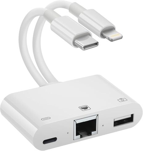 2 in 1 Lightning and Type C to RJ45 Ethernet Adapter Network Adapter, with Charge Port and USB Port Support USB Flash Drive/Keyboard/Mouse/Came, Plug and Play,Supports 100Mbps Ethernet Network in Kuwait