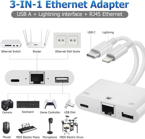 2 in 1 Lightning and Type C to RJ45 Ethernet Adapter Network Adapter, with Charge Port and USB Port Support USB Flash Drive/Keyboard/Mouse/Came, Plug and Play,Supports 100Mbps Ethernet Network in Kuwait