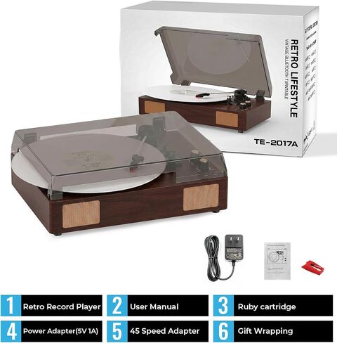 Brown Bluetooth Record Player, 3-Speed Belt Drive Turntable in Kuwait