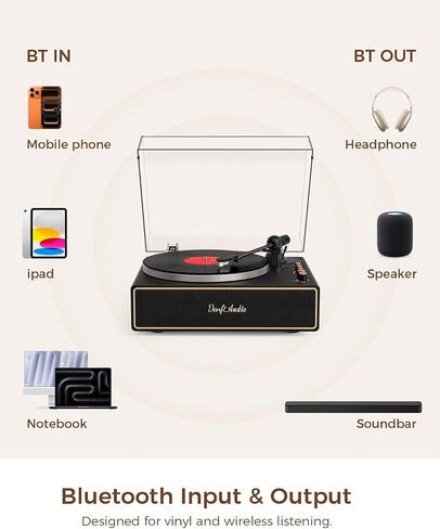 Vinyl Record Player Turntable with Built-in 4 Speakers, AT-3600L Cartridge, Aluminum Platter, Bluetooth Output, USB to PC Recording, Phono Preamp, Belt-Drive 2-Speed, Pitch Control, Black in Kuwait