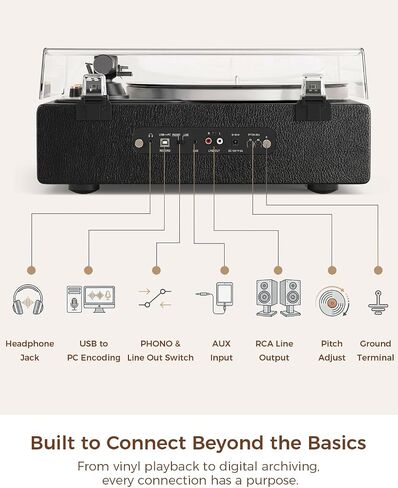 Vinyl Record Player Turntable with Built-in 4 Speakers, AT-3600L Cartridge, Aluminum Platter, Bluetooth Output, USB to PC Recording, Phono Preamp, Belt-Drive 2-Speed, Pitch Control, Black in Kuwait