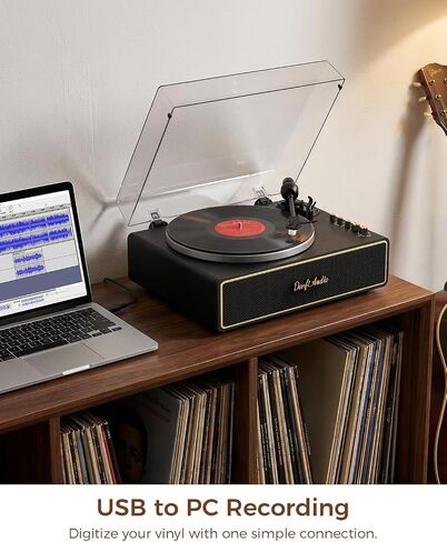 Vinyl Record Player Turntable with Built-in 4 Speakers, AT-3600L Cartridge, Aluminum Platter, Bluetooth Output, USB to PC Recording, Phono Preamp, Belt-Drive 2-Speed, Pitch Control, Black in Kuwait