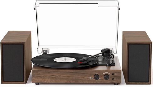 Vinyl Record Player with External Speakers, Vintage 3-Speed Turntable with Dual Speakers, Bluetooth Music Playback, MP3 PC Recoding, AUX Input Headphone Jack and RCA Out, Classic Walnut in Saudi Arabia