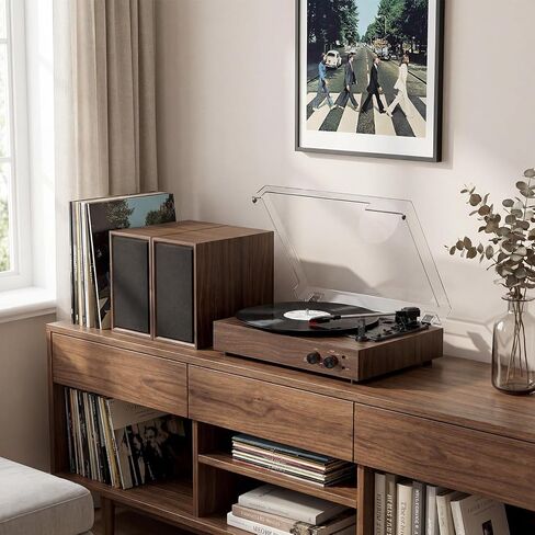 Vinyl Record Player with External Speakers, Vintage 3-Speed Turntable with Dual Speakers, Bluetooth Music Playback, MP3 PC Recoding, AUX Input Headphone Jack and RCA Out, Classic Walnut in Saudi Arabia