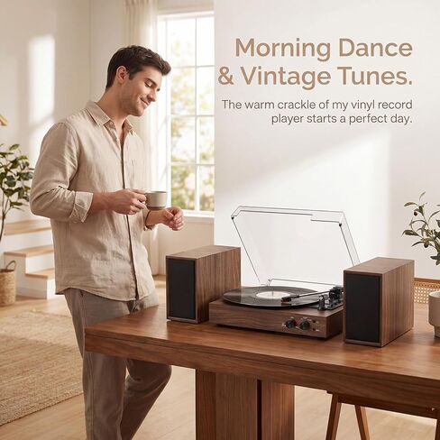 Vinyl Record Player with External Speakers, Vintage 3-Speed Turntable with Dual Speakers, Bluetooth Music Playback, MP3 PC Recoding, AUX Input Headphone Jack and RCA Out, Classic Walnut in Saudi Arabia