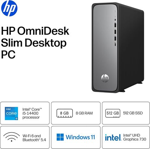 HP OmniDesk Slim Desktop PC, Intel Core i5-14400, 8 GB RAM, 512 GB SSD, Intel UHD Graphics 730, Windows 11 Home, Microsoft Copilot, Meteor Silver, S03-0012 (2026) in Kuwait