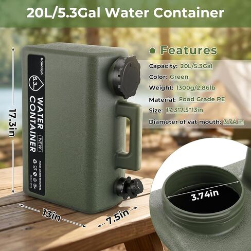 Hanaoyo 5.3 Gallon Camping Water Jug, BPA Free Portable Water Container with Spigot & Extension Tube, Space Saving Flat Water Storage Bucket for RV Van Life, Outdoor Camping, Emergency Water Storage in Kuwait