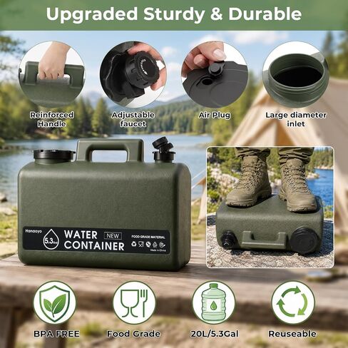 Hanaoyo 5.3 Gallon Camping Water Jug, BPA Free Portable Water Container with Spigot & Extension Tube, Space Saving Flat Water Storage Bucket for RV Van Life, Outdoor Camping, Emergency Water Storage in Kuwait
