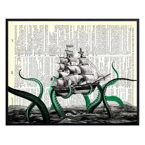 Kraken Octopus Breaking Ship - Dictionary Art – 8x10 Upcycled Home and Wall Decor Poster for Bathroom, Beach or Lake House – Cool Unique Gift for Steampunk Fans – Vintage Unframed Print on Photo Paper