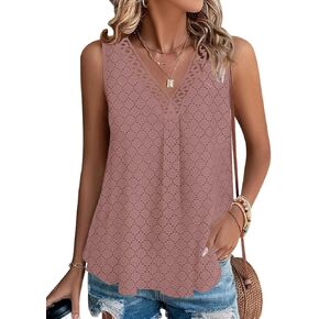 Womens Tank Tops 2024 Trendy Sleeveless Summer Tops Dressy Casual Cute Loose Fit Lace V Neck T-Shirt Blouse Tunic