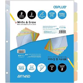8-Tab, Write & Erase, Binder Dividers with Single Pocket, Assorted, 1 Set