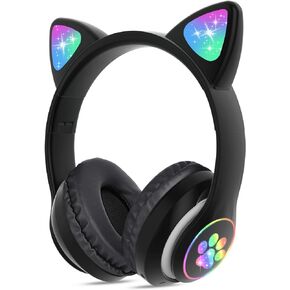 TCJJ Wireless Headphones Cat Ear LED Light Up Bluetooth Foldable Headphones Over Ear w/Microphone for Online Distant Learning (Black)