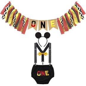 Baby Boys 1st Birthday Cake Smash Photo Props 5Pcs Outfits ONE Bloomers Suspenders Bowtie Headband Highchair Banner
