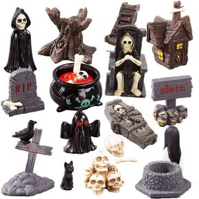 19pcs Halloween Mini Figurines Creative Miniature Skull Heads Crow Tombstone Scene Ornaments Set Halloween Horror Village Collections Resin Crafts for Halloween Party Favors Fillers Tabletop Decor (A)