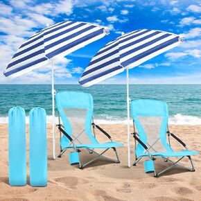 Tudomro 2 Pack Beach Chairs for Adult with Umbrella Low Folding Camping Chairs Heavy Duty Portable Outdoor High Back Beach Chairs Foldable Lawn Chairs with Cup Holder and Carry Bag (Blue)