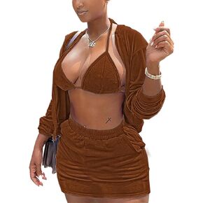 Skirt Sets Women 2 Piece Outfits Velvet Cute Hoodie Mini Skirt Top Y2K Casual Velour Tracksuit Set With Free Bra
