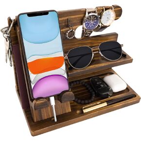 Wooden Phone Stand Holder Docking Station, Gifts for Men, Bed Nightstand Organizer Gifts for Birthday/Festival Idea for Desk Stand (Black)