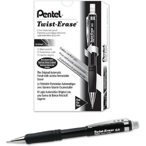 Pentel Twist-Erase III Mechanical Pencil ,0.5mm , Black Barrel, 12 Pack (QE515A)