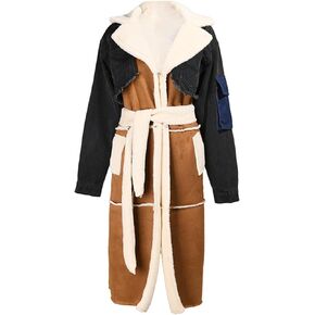 yoeasy Women's Color Block Lapel Sherpa Lined Long Jacket Belt Denim Splicing Coats With Pockets