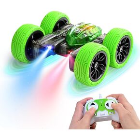 Whiriwhiri 2024 Upgraded RC Stunt Cars Remote Control LED Headlights 360-Degree Spin Double-Sided Driving 2.4 GHZ Rechargeable Toy Vehicle Gift Kids Boys Girls Age 6-12+ Green
