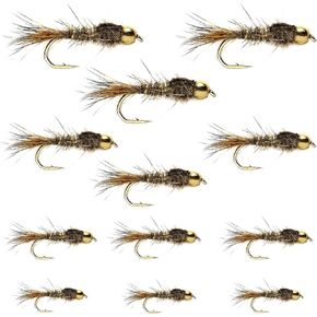 The Fly Fishing Place Tungsten Bead Head Gold Ribbed Hare's Ear Nymph Collection Fly Fishing Flies - Set of 12 Flies 3 Each Hook Size 10, 12, 14, 16