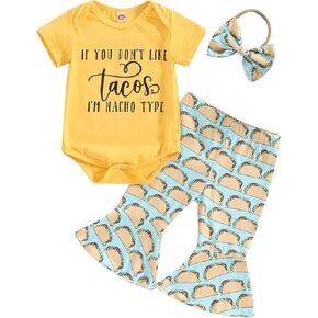 Baby Girl Summer Clothes If You Dont Like Tacos Im Nacho Type Romper Bell-Bottoms Flare Pants Set Headband 0-12M