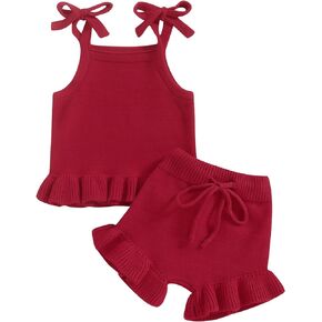 Emmababy Baby Girl Knit Shorts Set Summer Sweater Tank Tops Ruffle Hem Halter Top Newborn Knit Bloomers Ruffle Shorts Set