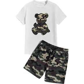 GORGLITTER Men's 2 Piece Outfits Bear Graphic Short Sleeve Tee Shirt and Shorts Sets Drippy Clothes