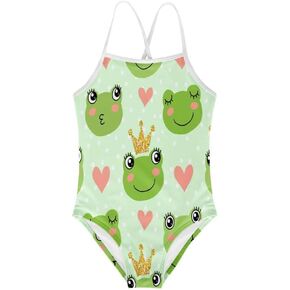 KiuLoam Cute Frogs and Crowns Girls One-Piece Swimsuit Quick Dry Beach Swim Bathing Suit for 3-8 Years Little Girls