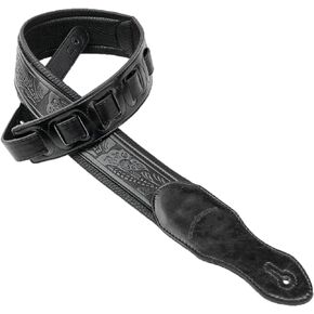 Walker & Williams G-118 Black on Black Padded Guitar Strap with Embossed Tooling & Padded Glove Leather Back For Acoustic, Electric, And Bass Guitars