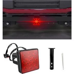Augeny 15 LED Brake Light Trailer Hitch Cover, Square Red Lens Brake Light Trailer Hitch Cover, Vehicle Tow Hitch Driving Brake Lamp Fit 2" Receiver, Car Exterior Accessories (Black)