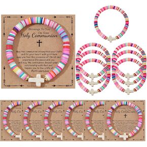 12 Pcs First Communion Bracelets for Girls Bulk, Cross Religious Baptism Confirmation Favor Gifts for Teen Girls