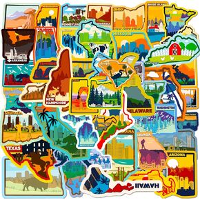 50PCS US States Stickers, USA Map Stickers, Icicrim Outdoor Travel Hiking Waterproof Vinyl Stickers for Water Bottles Laptop Phone Luggage Scrapbook Journal