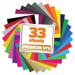 فينيل نقل الحرارة GIO-FLEX PU مقاس 25.4 سم × 30.48 سم - 33 ورقة 33 لونًا HTV حزمة متنوعة/عبوة متنوعة من القمصان اللاصقة المتوافقة مع آلة الضغط الحراري Cricut Silhouette Cameo سهلة قطع الأعشاب