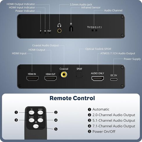 مقسم مستخرج الصوت HDMI 8K@60 هرتز، محول الصوت HDMI إلى HDMI + صوت HDMI 7.1CH + Toslink SPDIF البصري + محوري + مقبس صوت 3.5 مم، يدعم HDMI 2.1، HDCP 2.3، Dolby، DTS، HDR10 in Kuwait