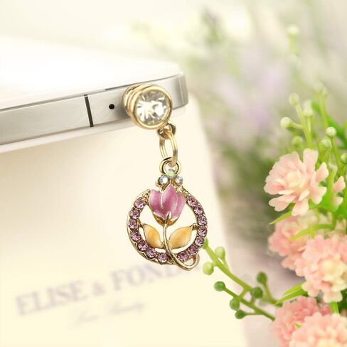 EIISE & FONDA Crystal Pink Tulip Flower Pendant Cell Phone Dust Plug Charm For iPhone samsung huawei ipad ipod Android phone with 3.5mm earphone jack EP009 in Kuwait
