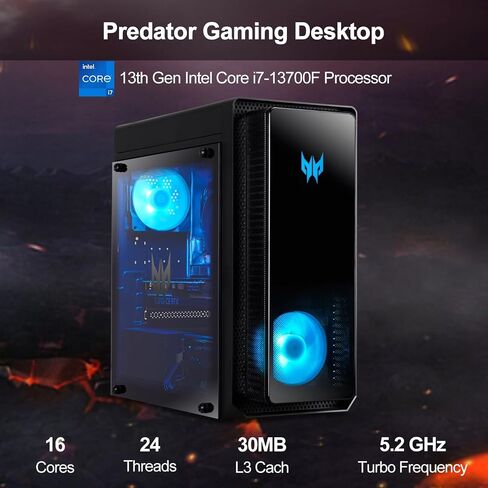 كمبيوتر محمول برجي للألعاب من acer Predator، Intel Core i7-13700F، NVIDIA GeForce RTX 3070، ذاكرة الوصول العشوائي DDR5 سعة 32 جيجابايت، 1 تيرابايت SSD، لوحة مفاتيح سلكية & M، DP، HDMI، Wi-Fi 6، Windows 11 Home in Saudi Arabia