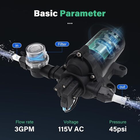 2088-594-154، مضخة مياه Rv، مضخة مياه غشائية 115V-3GPM-45PSI، ذاتية التحضير حتى 6 أقدام، مضخة مياه مع مفتاح ضغط ومصفاة، مناسبة للمركبات الترفيهية والحديقة والتخييم in Kuwait